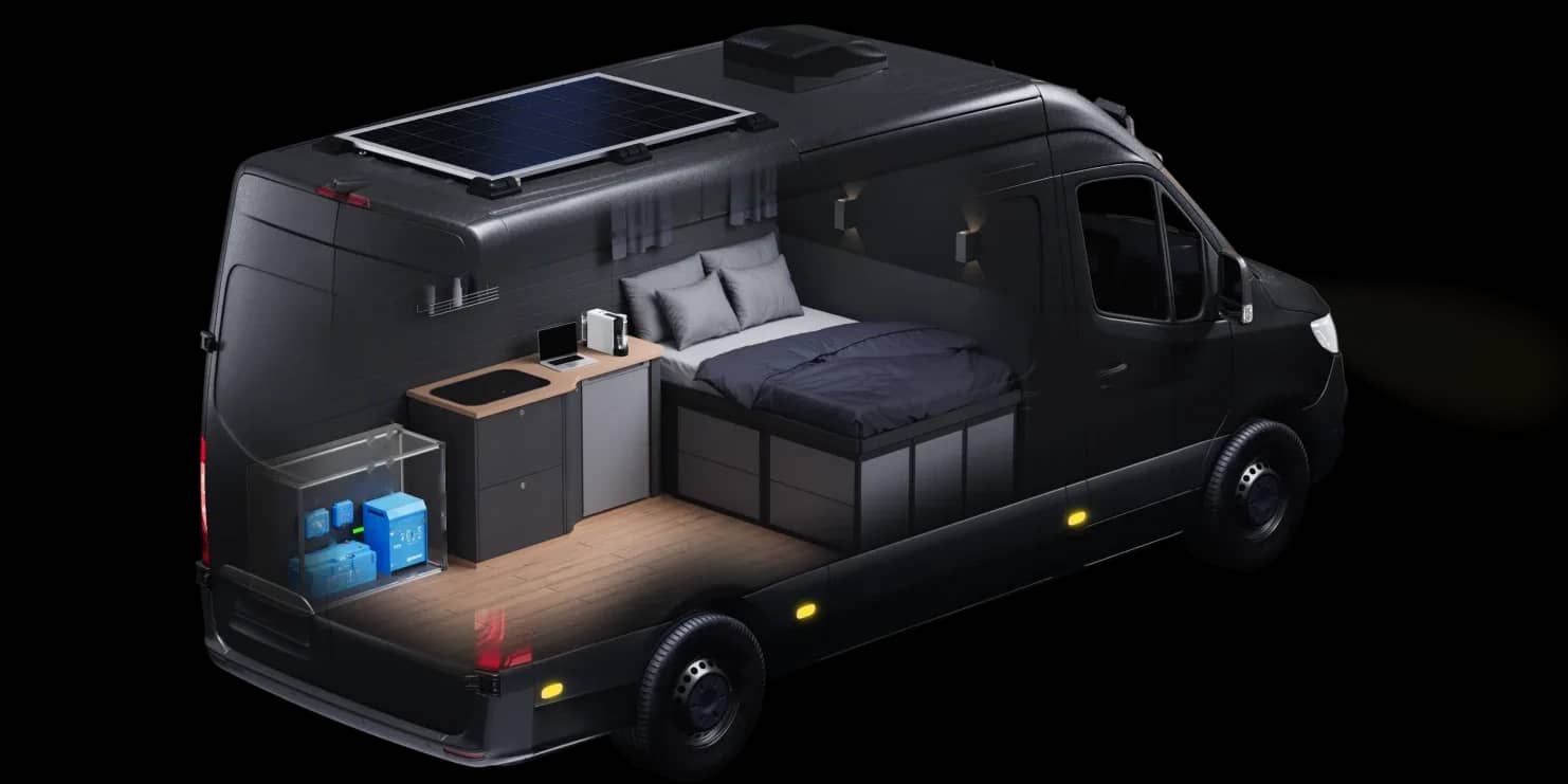 Vue en coupe d'un camping-car montrant son système d'énergie Victron complet