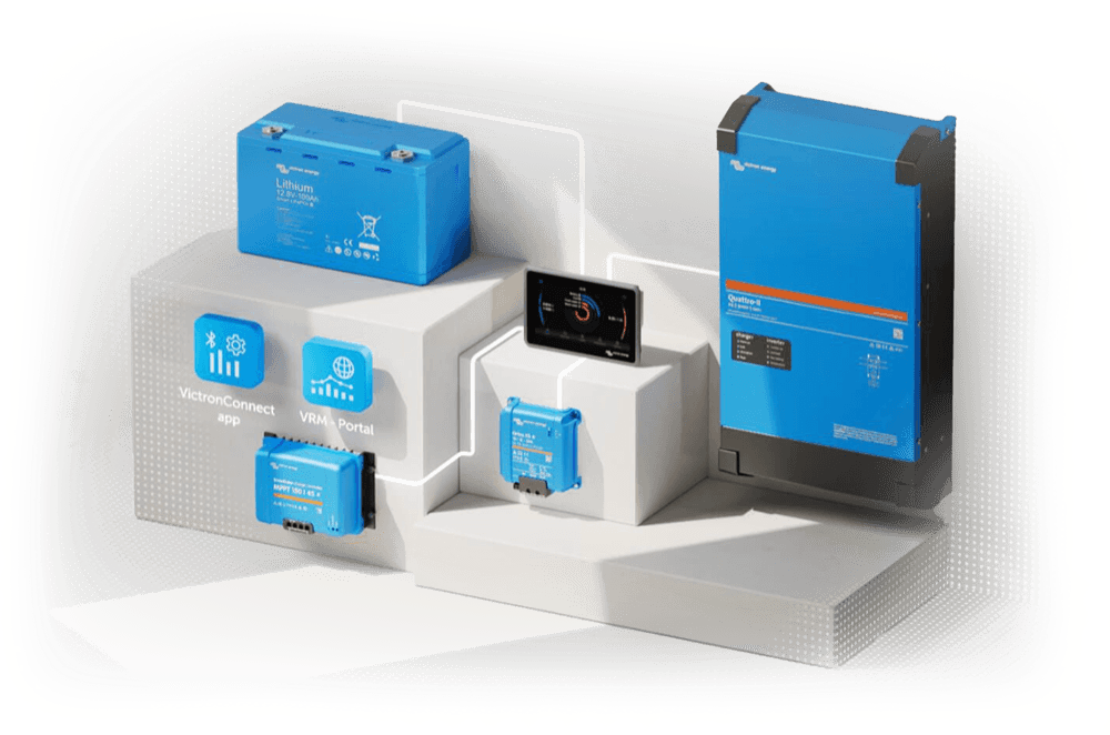 Convertisseur/chargeur, batteries, MPPT et appareils de surveillance Victron disposés ensemble