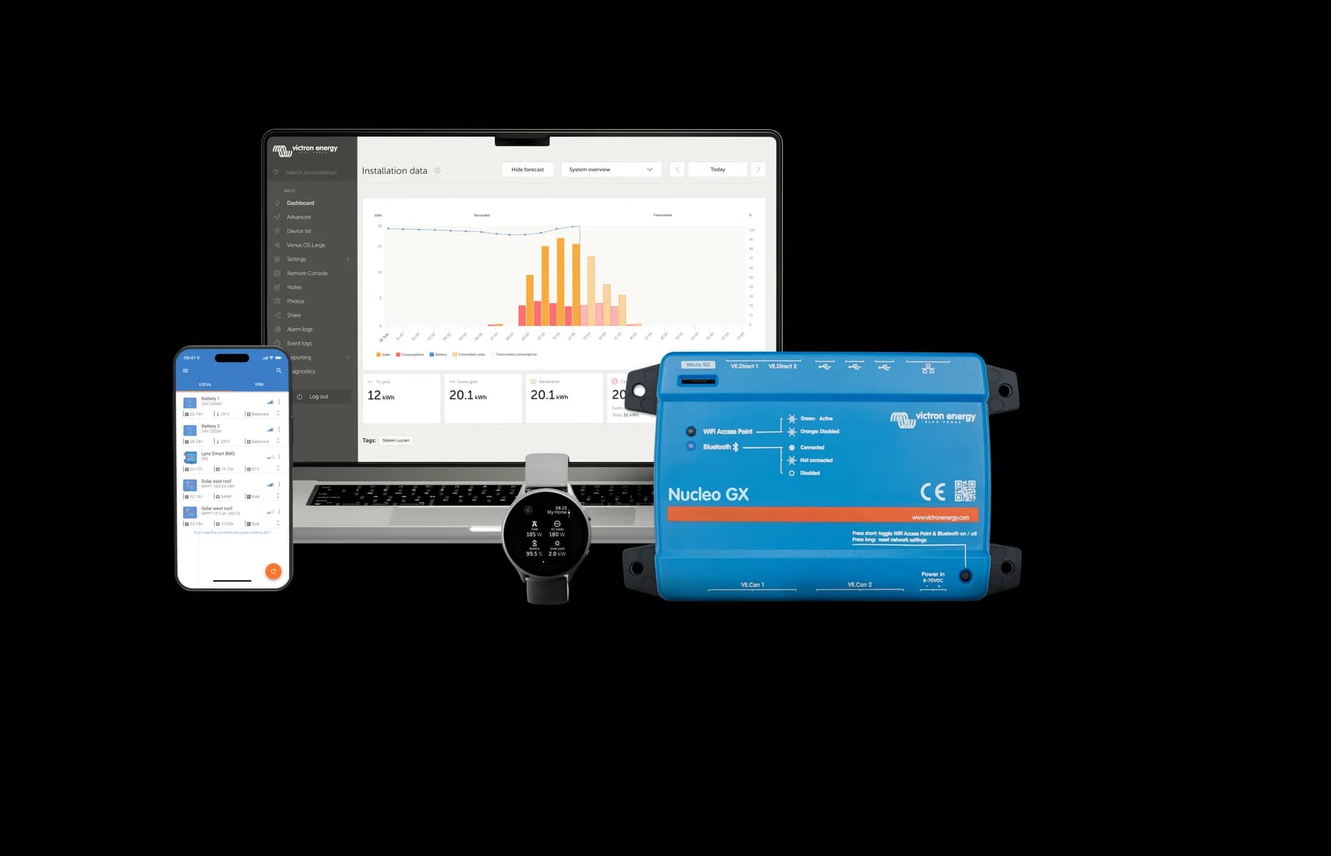 Portail VRM et application VictronConnect surveillant un système Nucleo GX