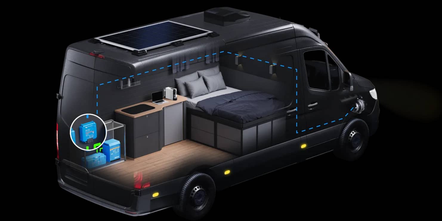 Vue en coupe d'un camping-car mettant en évidence la charge par l'alternateur via un chargeur CC-CC Victron